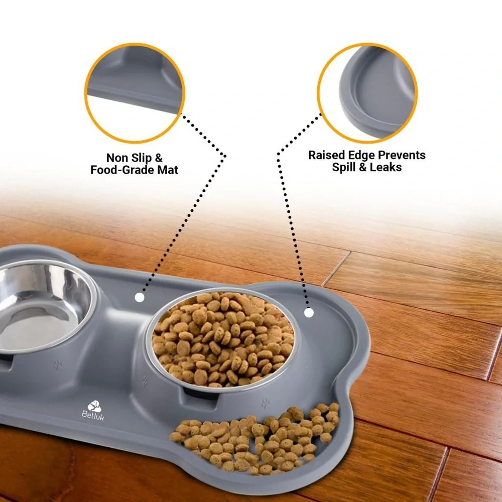 Pet Dog Cat Double Bowl Water Feeder Stainless Steel large Food Drinking Dishes